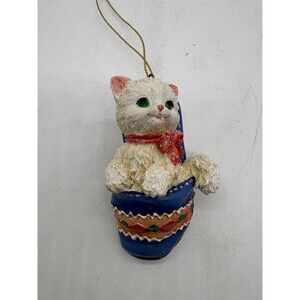 Vintage Cute White Kitten Cat in a Blue Slipper Shoe Christmas Ornament